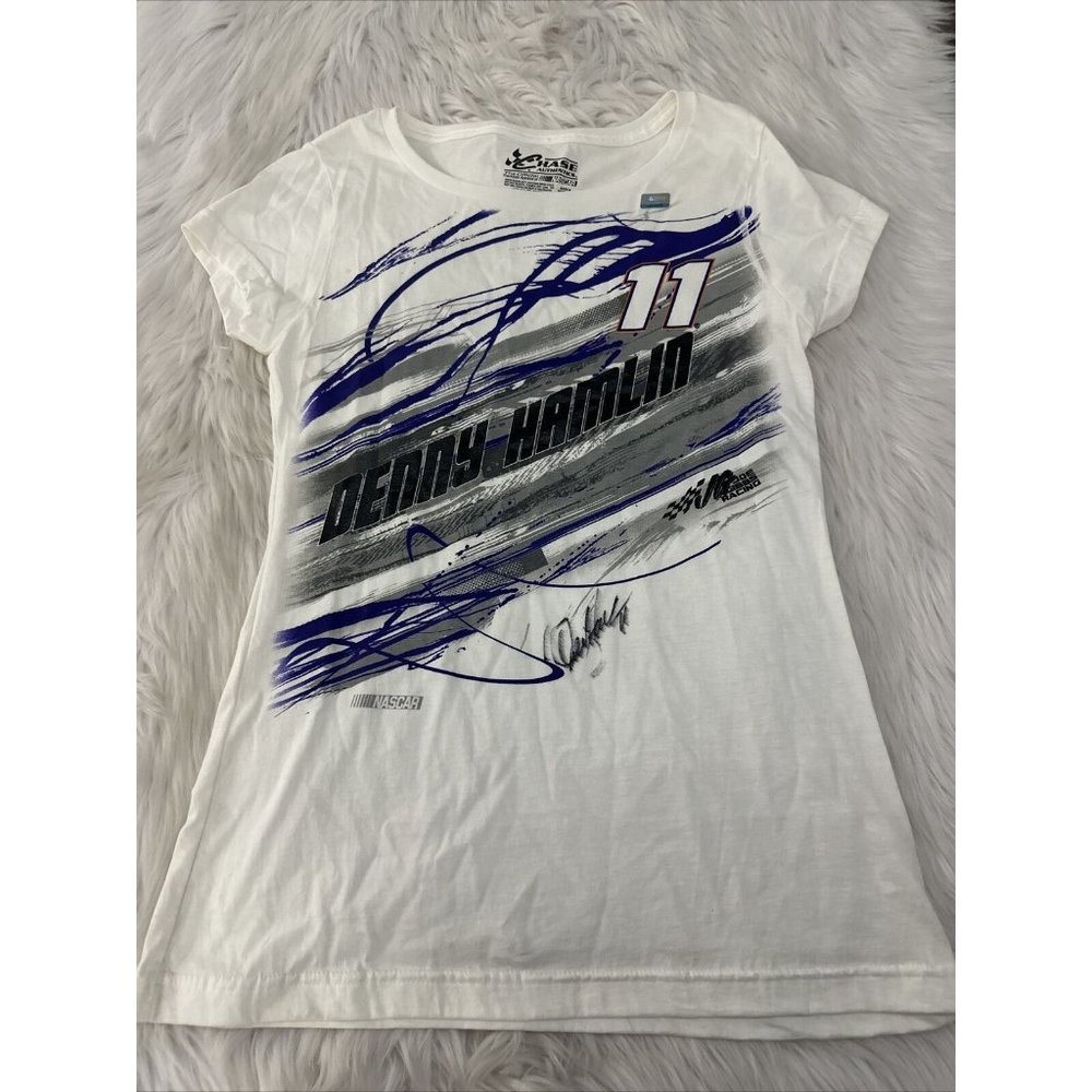 Chase Authentics Womens NASCAR Denny Hamlin Autographed T Shirt M White